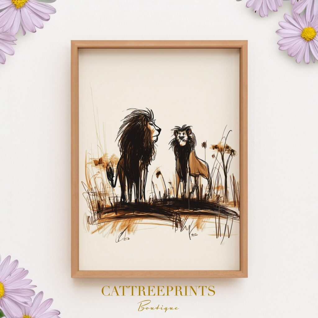 Two Lions Print Savanna Sketch Wall Art