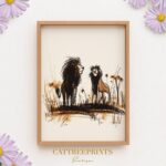 Two Lions Print Savanna Sketch Wall Art