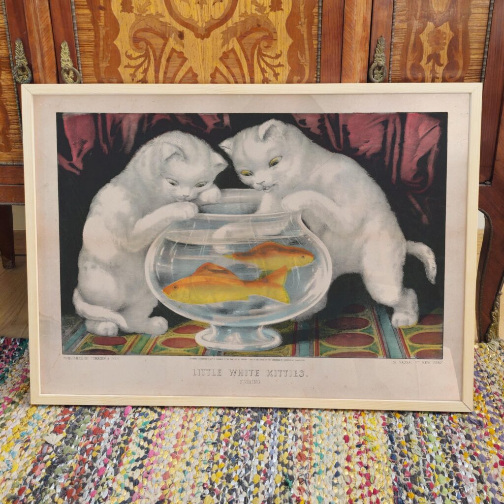 Vintage White Kittens Fishing Print