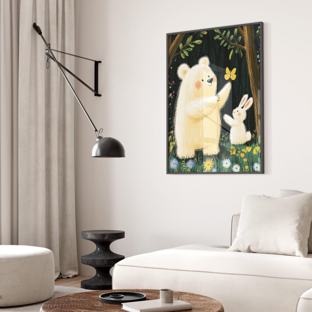 Whimsical Bear and Rabbit Nursery Art Print