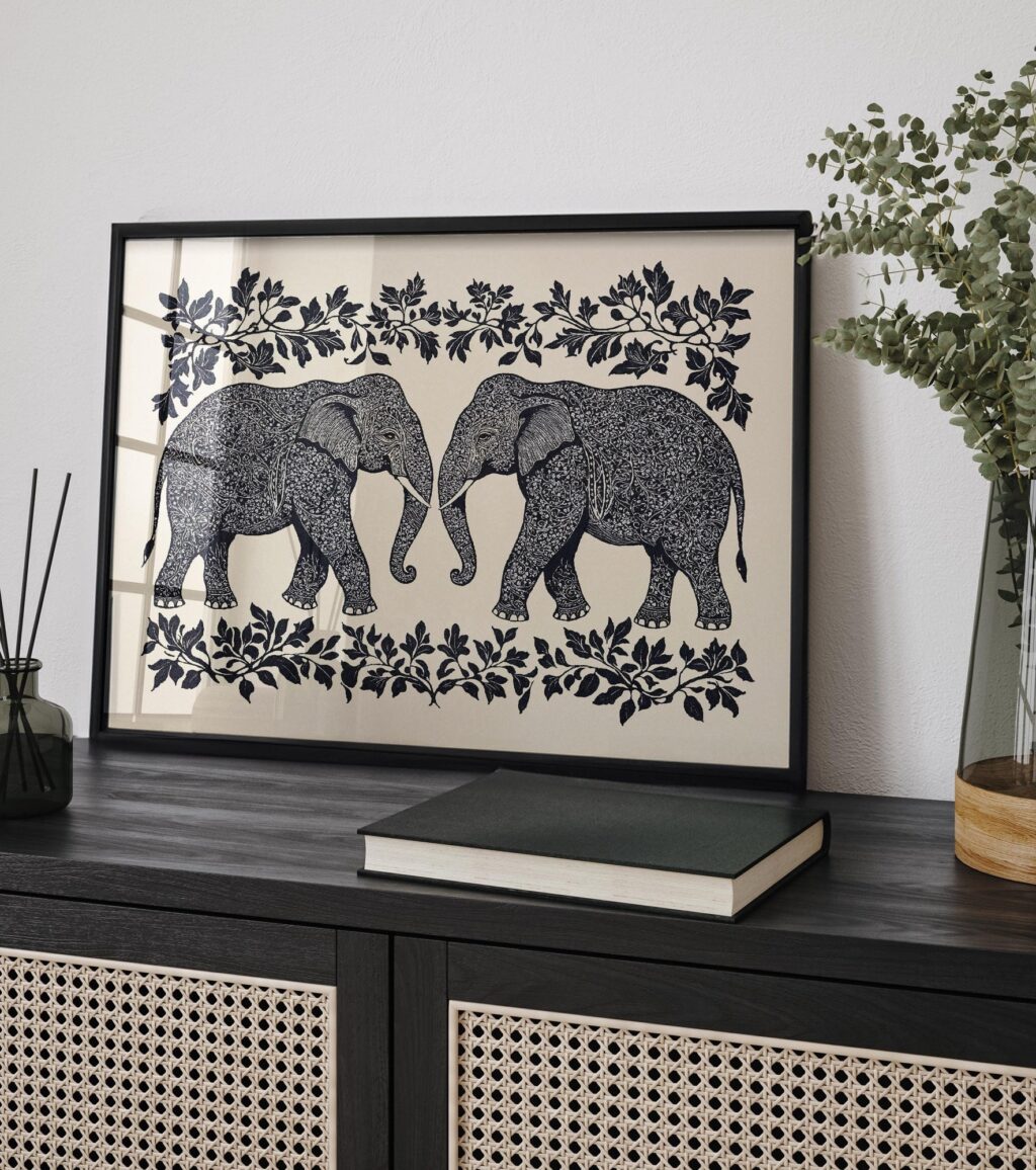 William Morris Black and White Elephant Wall Art