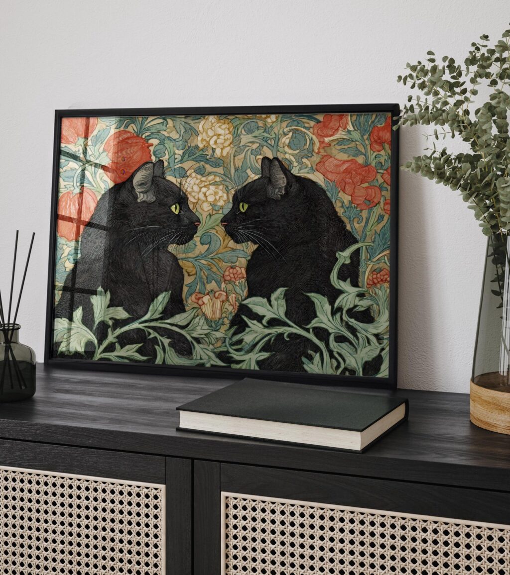 William Morris Black Cats in a Floral Garden Print
