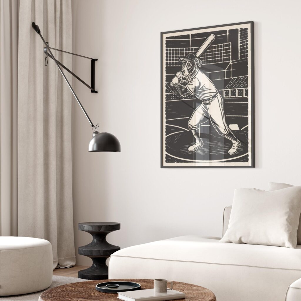Baseball Dog Whimsical Black Art Print