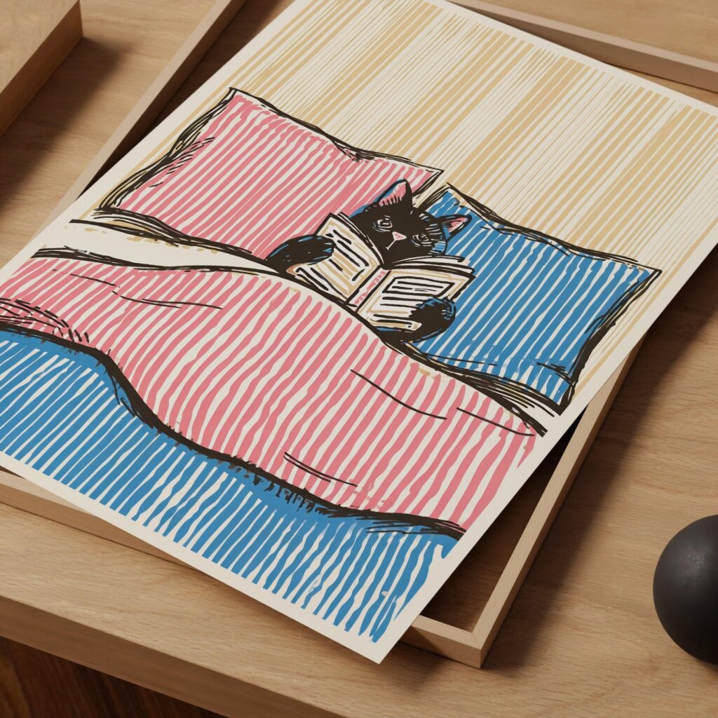 Bed Cat Reading Print