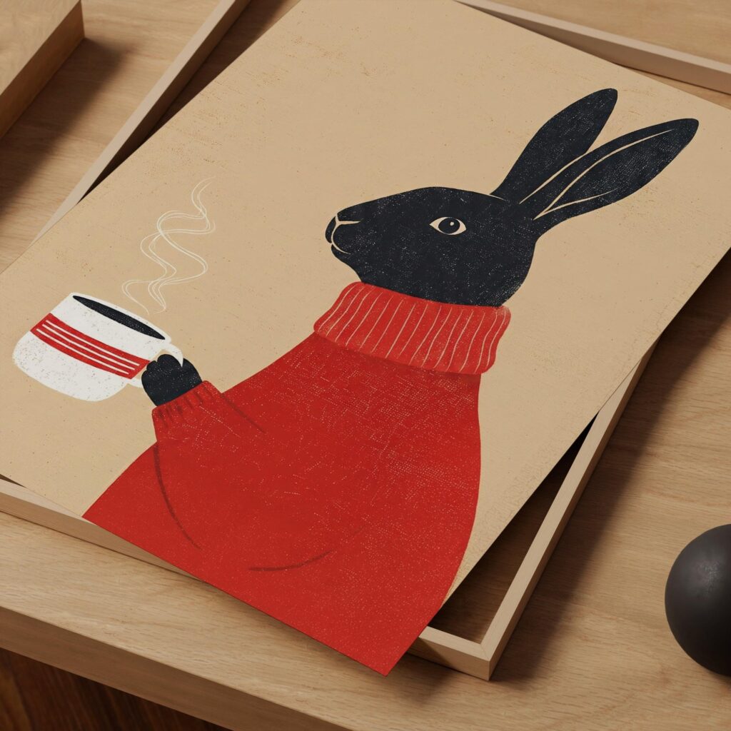 Black Bunny Drinking Coffee Print