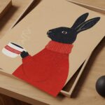 Black Bunny Drinking Coffee Print