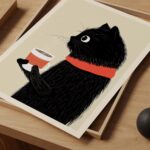 Black Cat Coffee Cozy Scarf Art Print