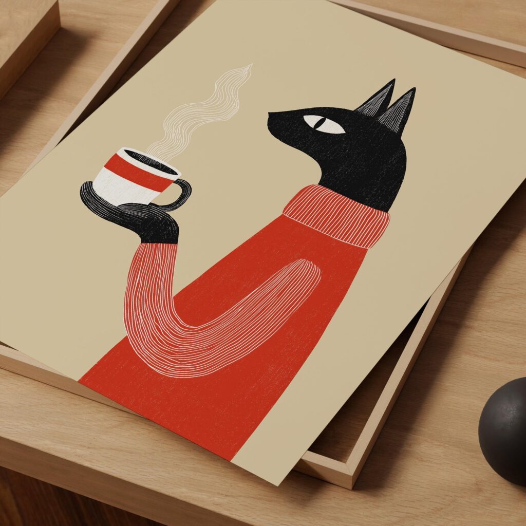 Black Cat Coffee Kitchen Art Print