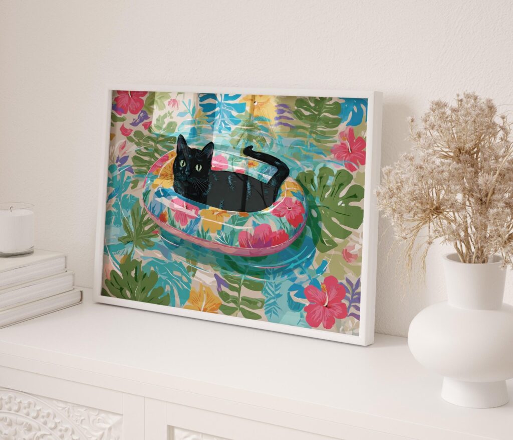 Black Cat in a Tropical Float Print