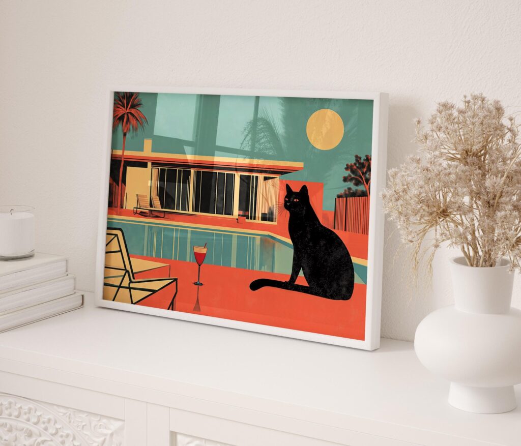 black cat pool cocktail art print