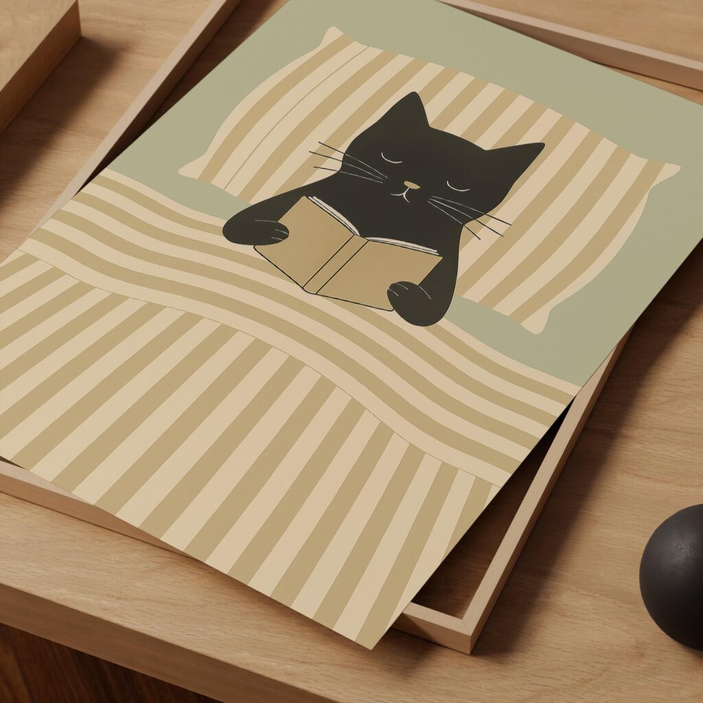 Black Cat Reading in Bed Print