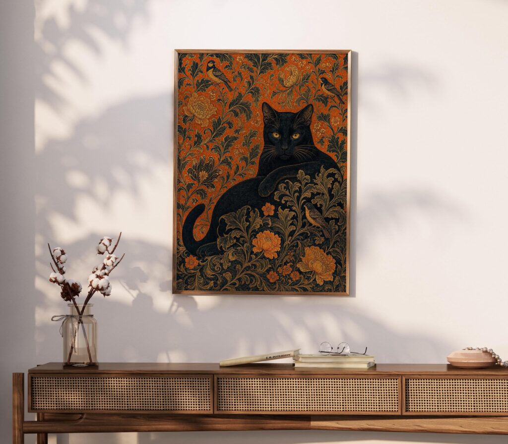 Black Cat with Birds on William Morris Floral Print