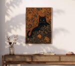 Black Cat with Birds on William Morris Floral Print