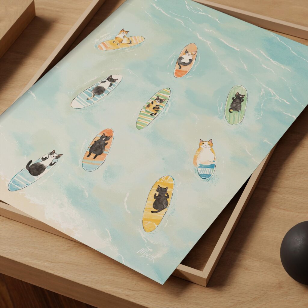 Cat Surf Beach Art Print