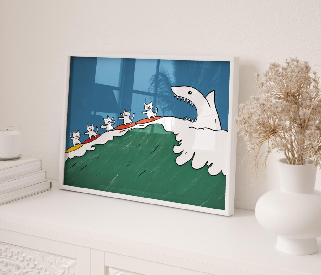 Cat Surf Shark Art Print
