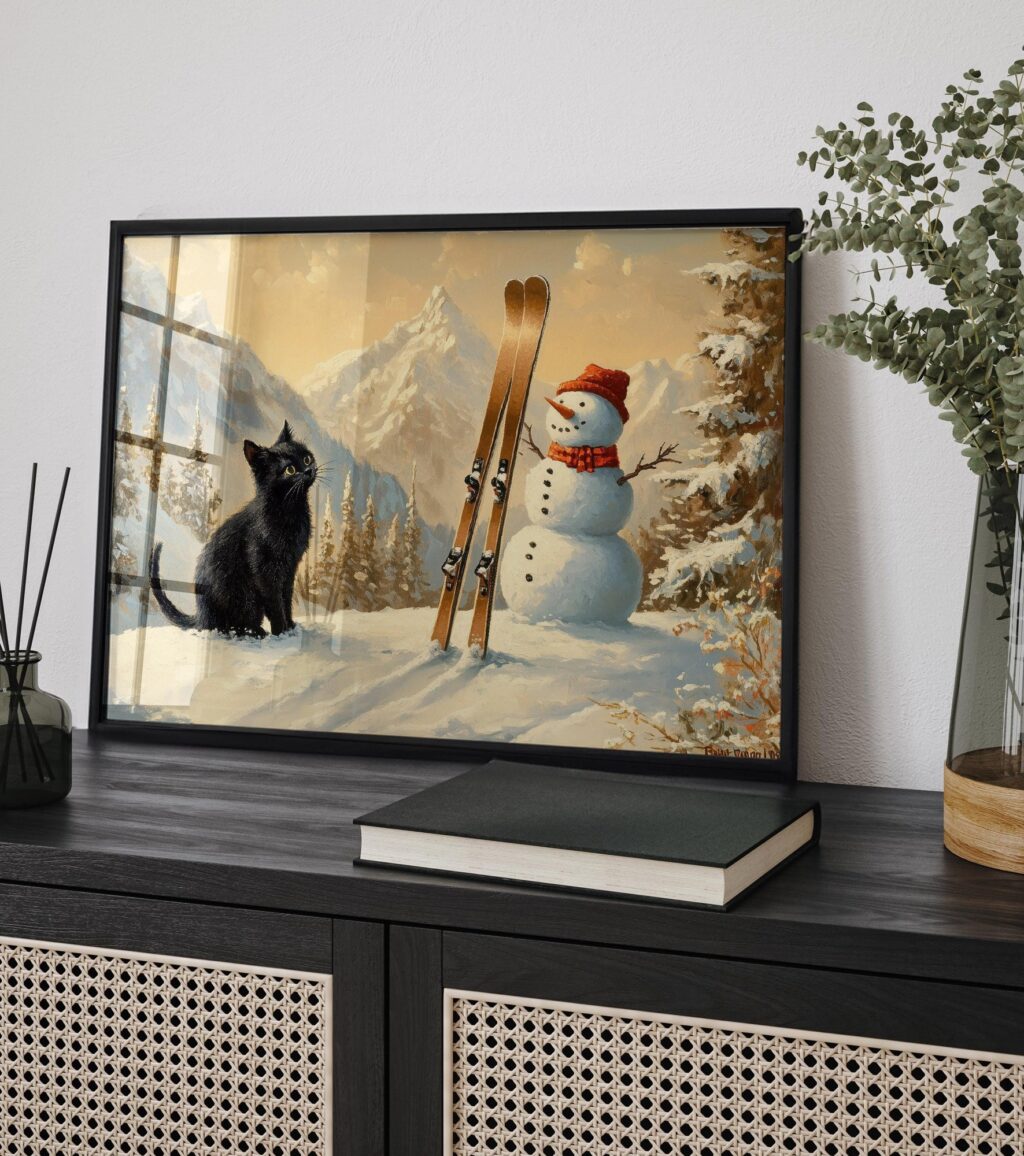 Cat with Snowman and Skis Print