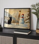 Cat with Snowman and Skis Print