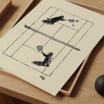 Cats Playing Tennis Ink Sketch Print
