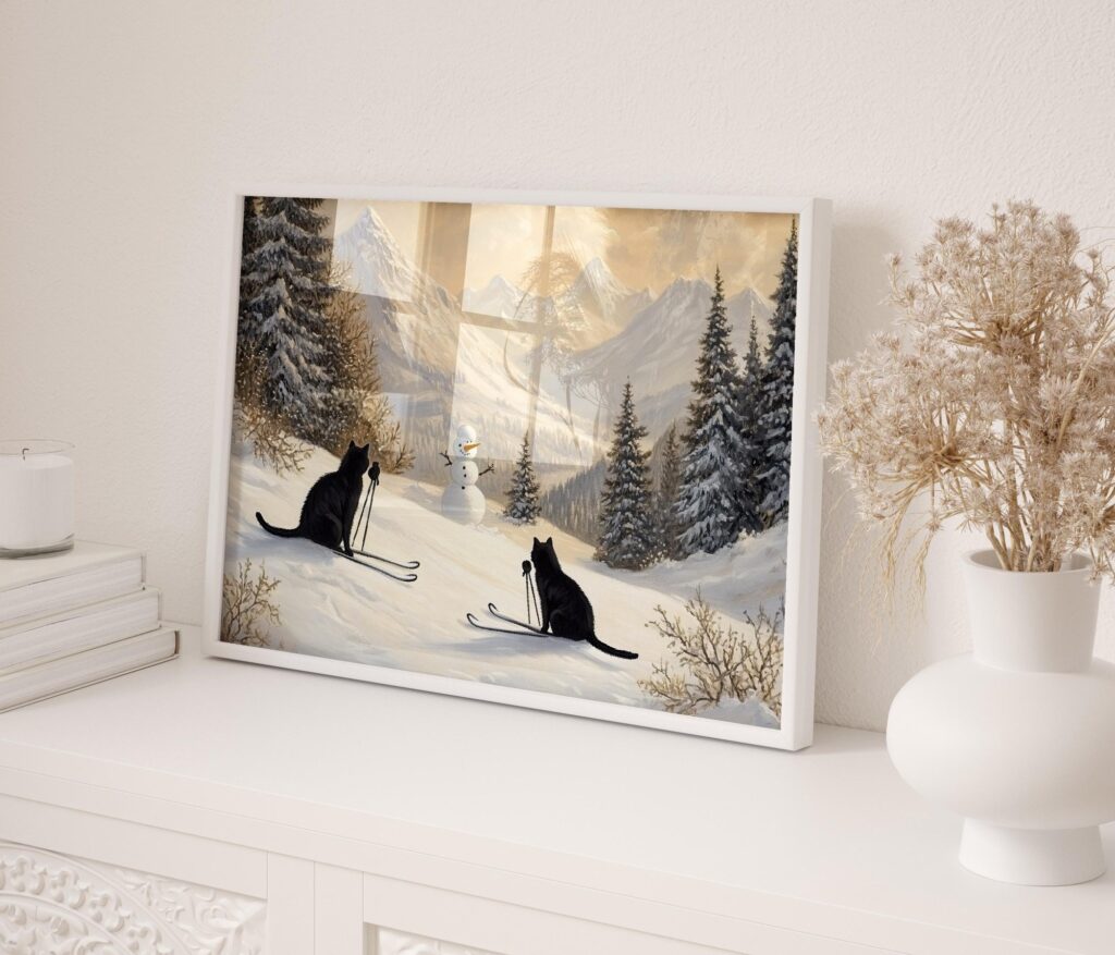 Cats Skiing with Snowman Print