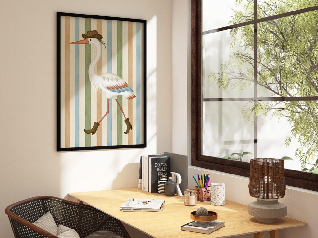 Cowboy Heron in Hat and Boots Print
