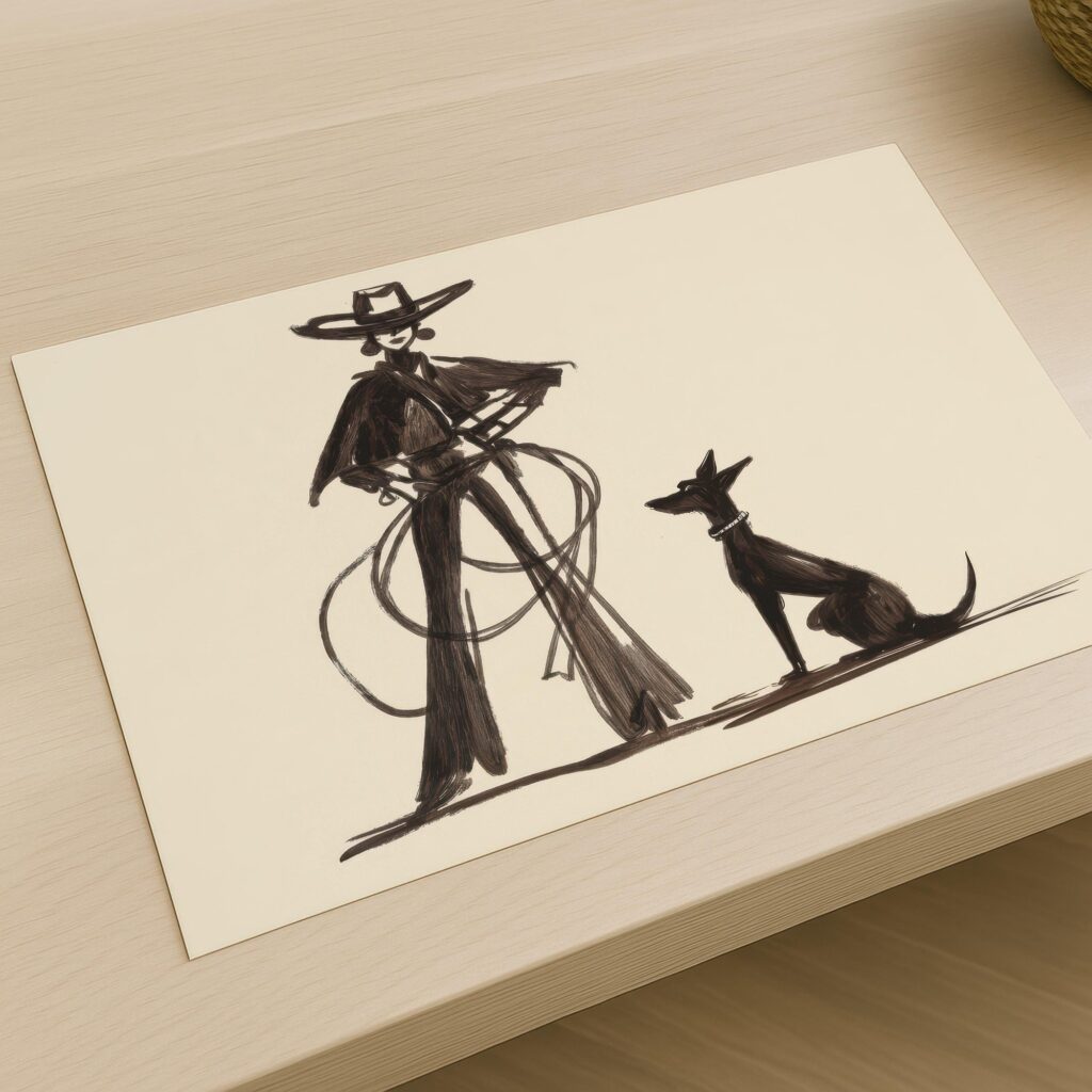 Cowgirl and Dog Ink Sketch Print
