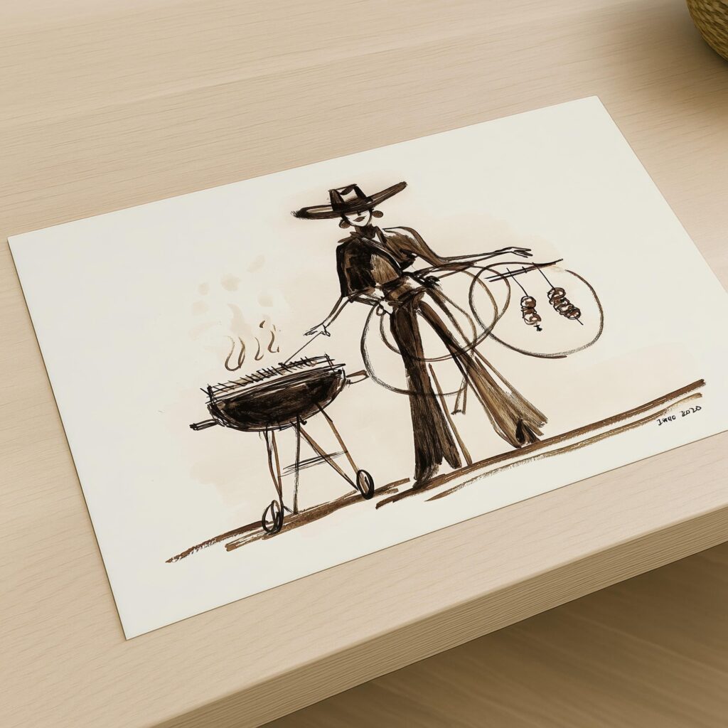 Cowgirl BBQ Ink Drawing Print