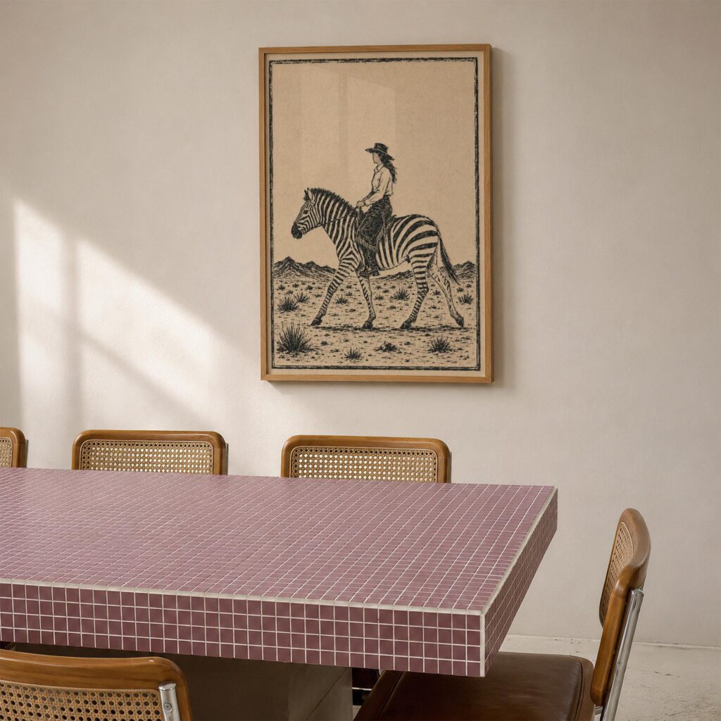 Cowgirl Riding a Zebra in the Desert Print