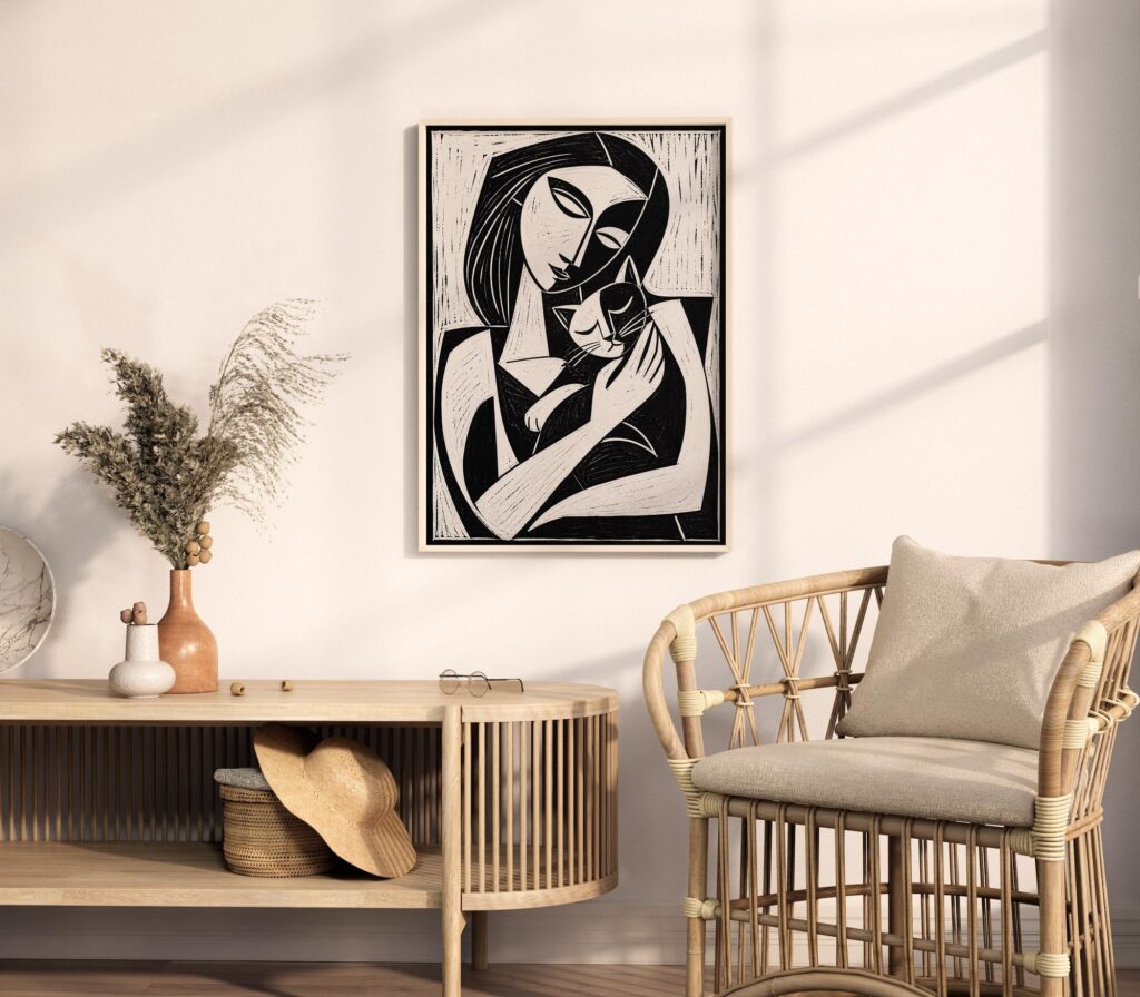 Cubist Woman and Cat Print