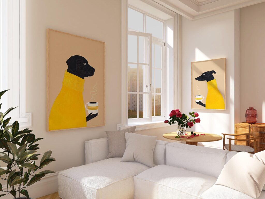 Dogs Drinking Coffee Art Print Set of 2