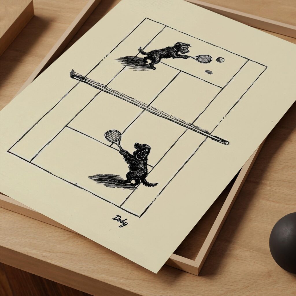 Dogs Playing Tennis Ink Drawing Vintage Style Print