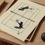 Dogs Playing Tennis Ink Drawing Vintage Style Print