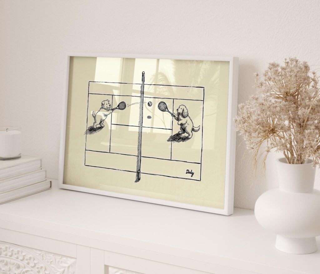 Dogs Playing Tennis Ink Drawing Whimsical Black Print