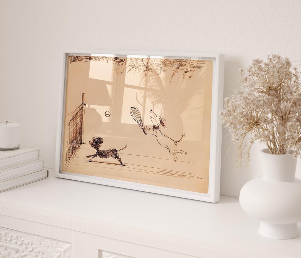 Dogs Playing Tennis Ink Sketch Print