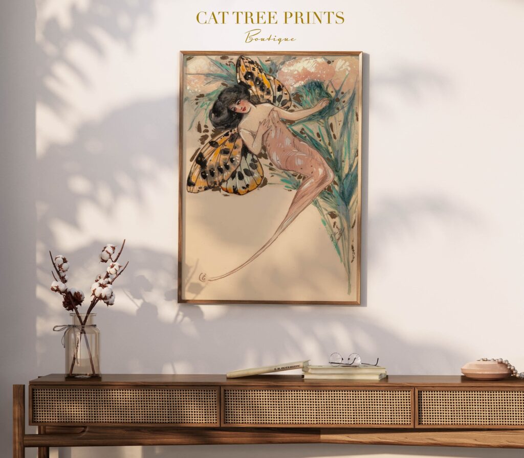 Fairy Butterfly Print Whimsical Wall Art Vintage