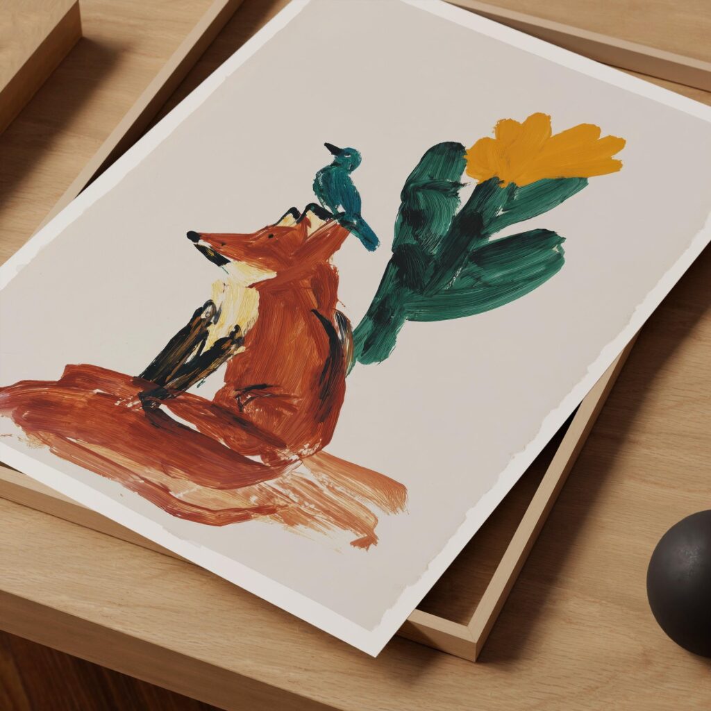 Fox and Bird Desert Cactus Art Print