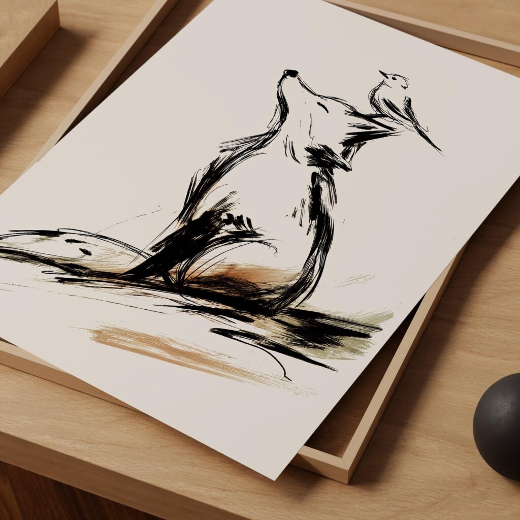 Fox and Bird Minimal Woodland Art Print
