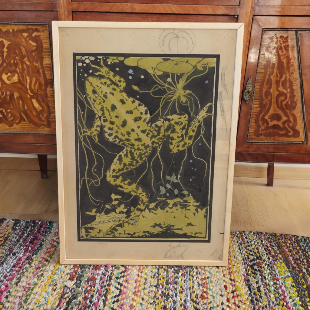 Frog in Water Art Nouveau Woodcut Print