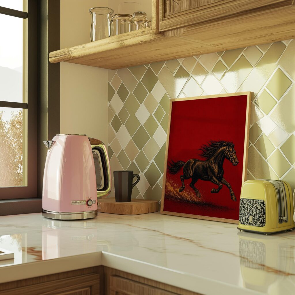 Galloping Black Horse on Deep Red Print