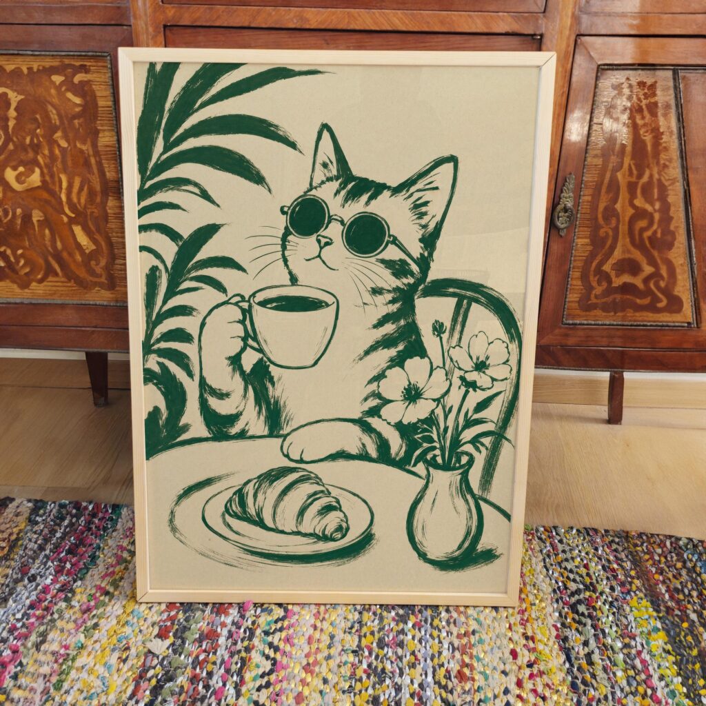 Green Coffee Cat Print