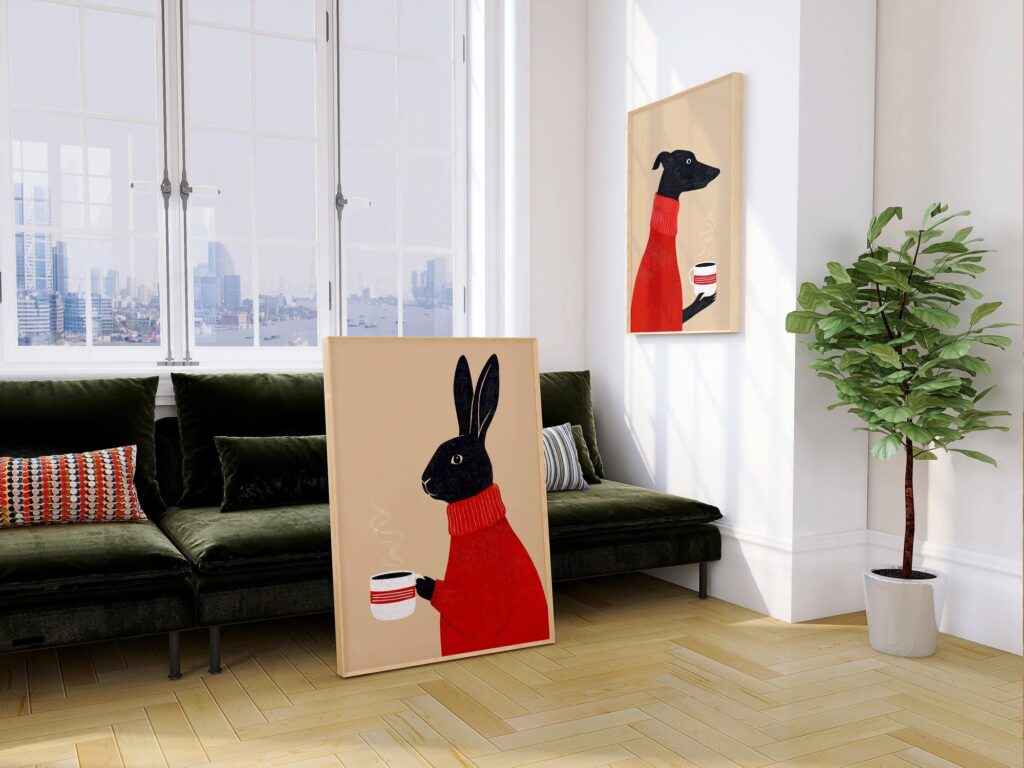 Greyhound and Rabbit Coffee Art Prints Set of 2