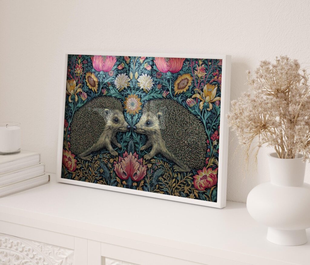 Hedgehog Dark Floral Wall Art Print