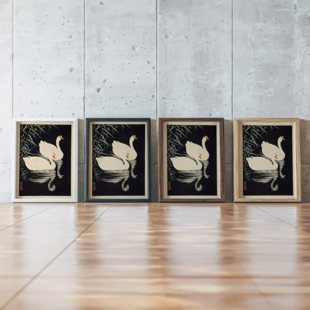Japanese Swans Print Bird Art Japandi Decor Signed Ohara
