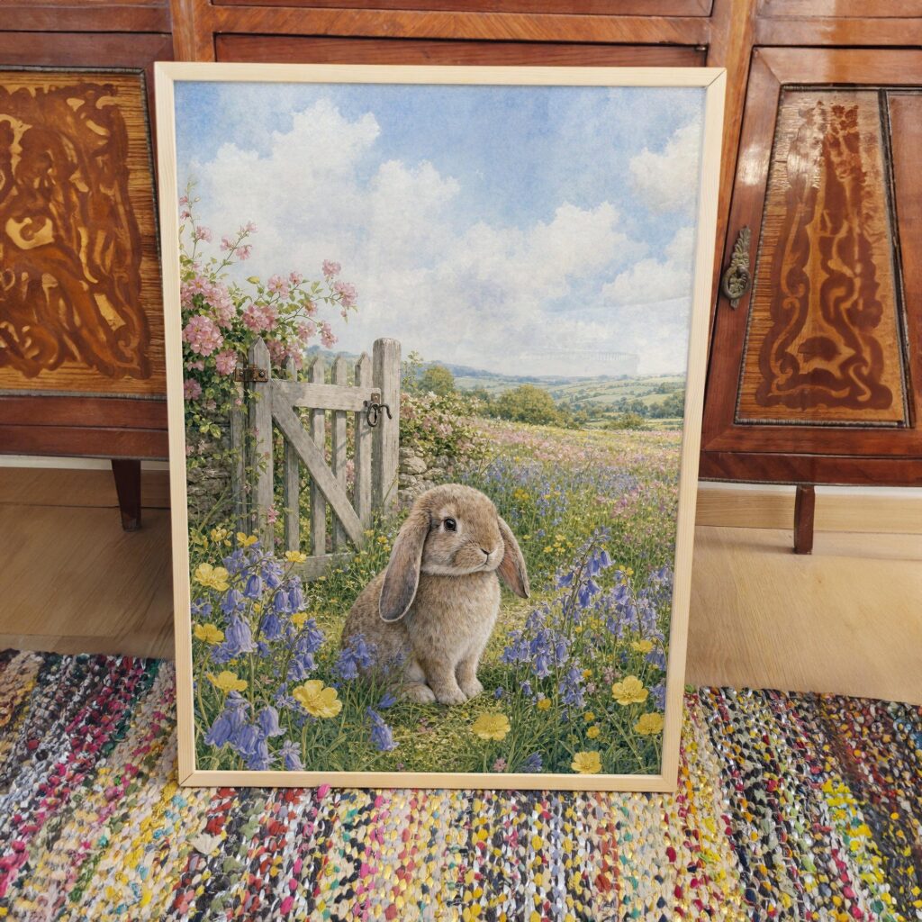 Lop Eared Bunny in a Bluebell Wildflower Meadow Print