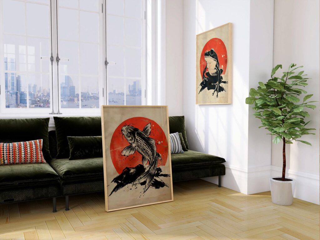 Mid Century Frog and Koi Fish Print Set