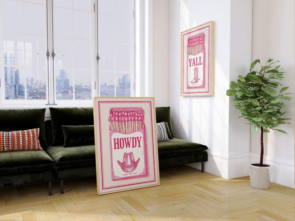 Pink Western Matchbox Howdy Yall Retro Art Print Set