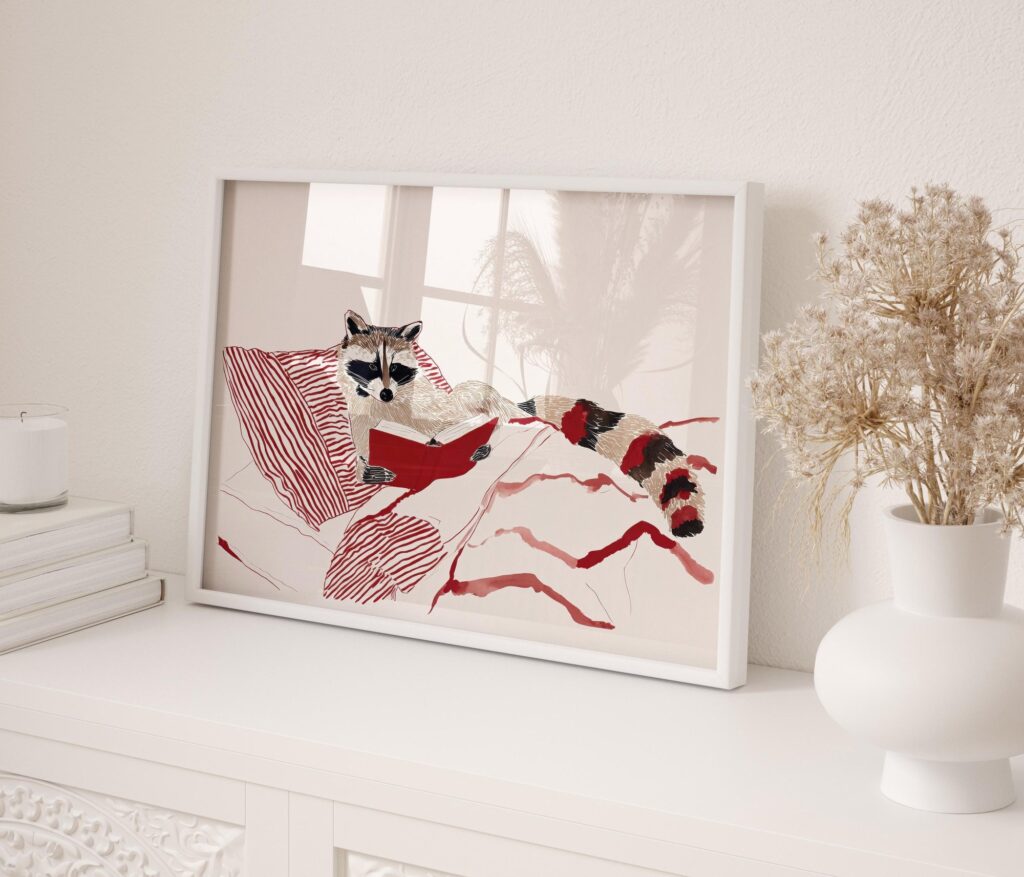 Raccoon Reading Book Illustration Art Print