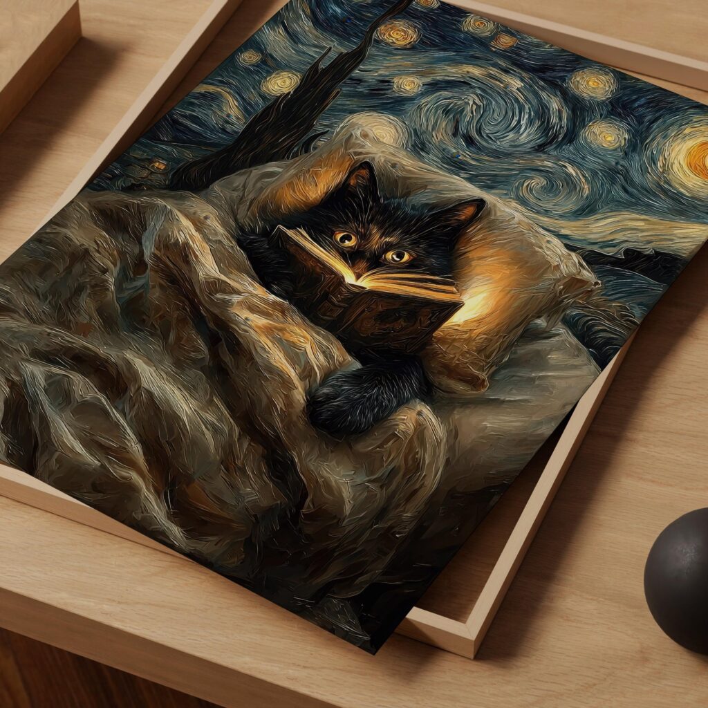 Starry Night Cat Book Bed Print
