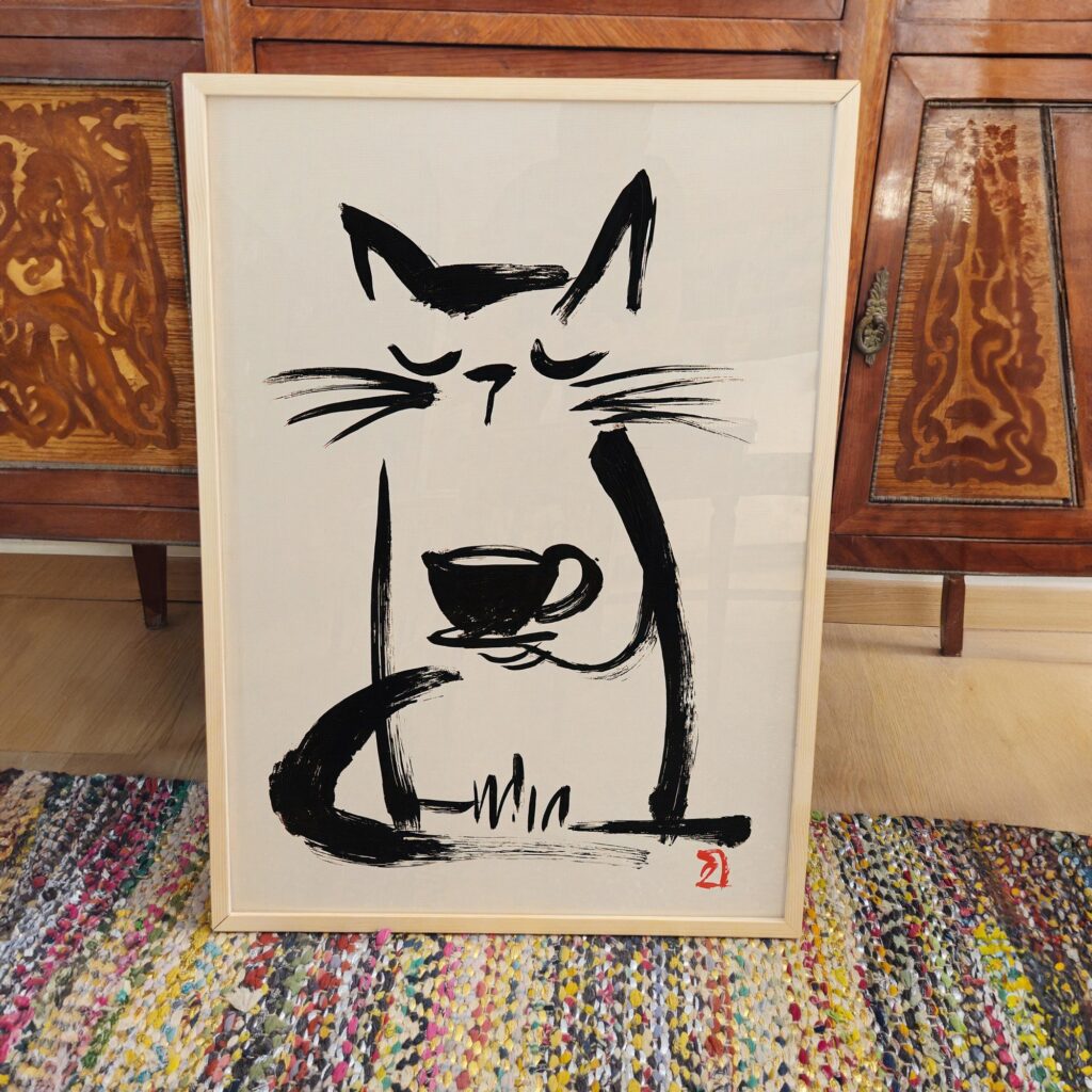 Sumi-e Coffee Cat Print