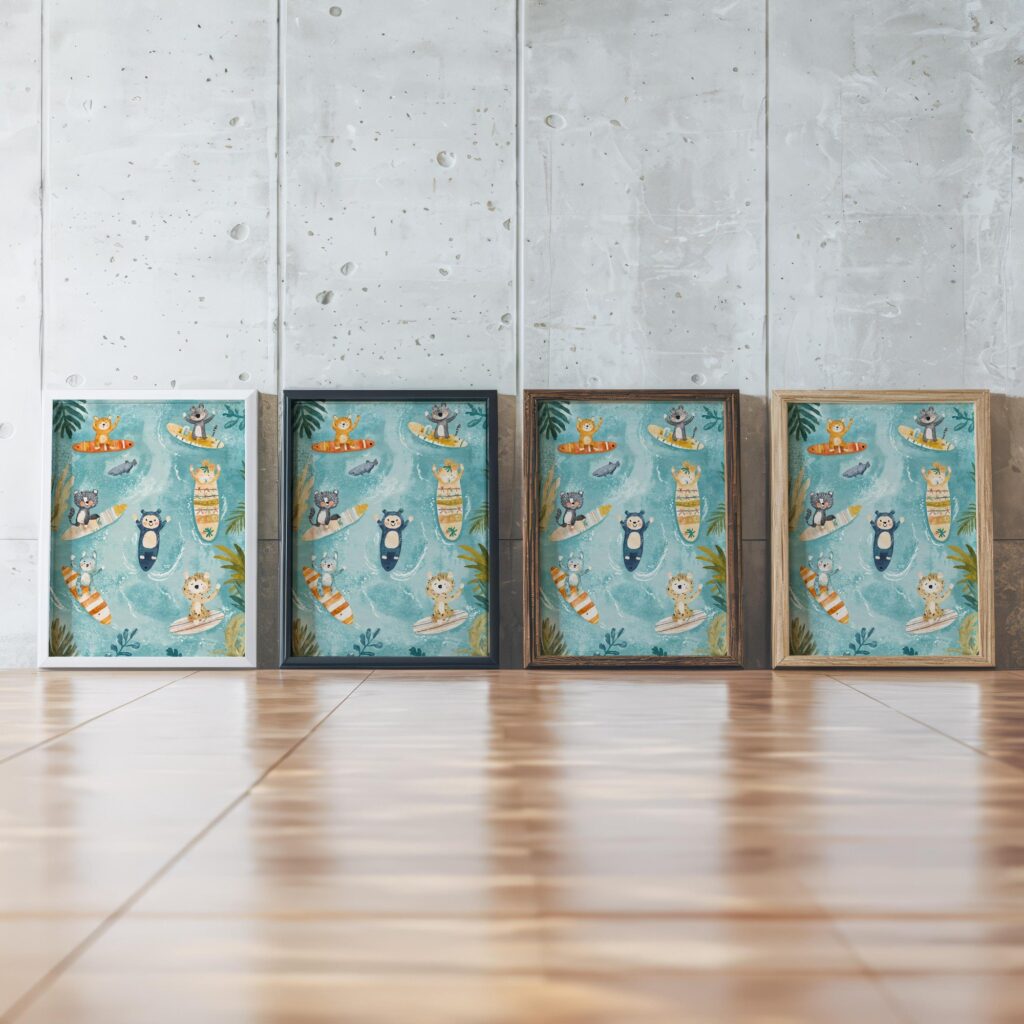 Surfing Jungle Animals Nursery Art Print