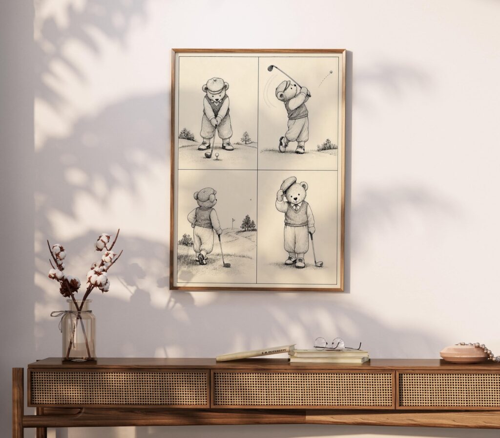 Teddy Bear Playing Golf in Four Sketches Print